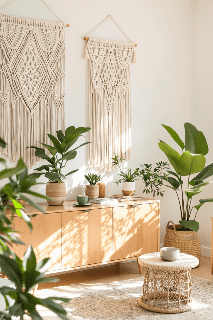 plants and macrame hangings on a wall eliciting feel good vibes like our virtual team does for business owners