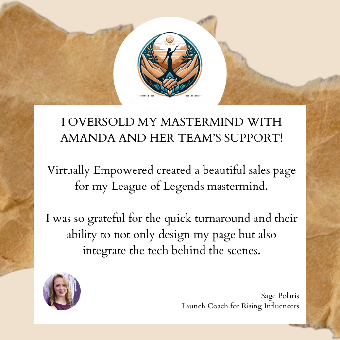 Testimonial about Virtual Empowered's sales page design for a League of Legends mastermind.