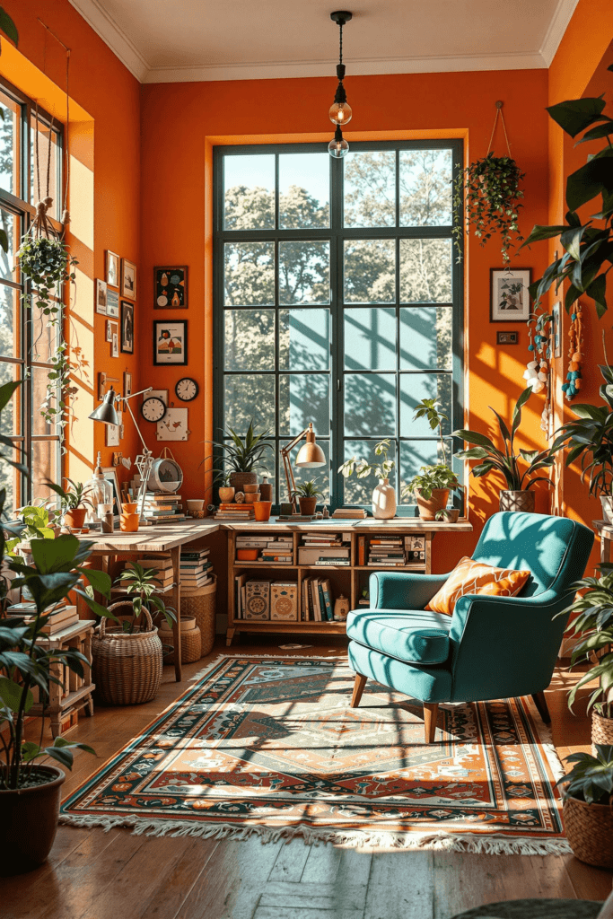 Beautiful orange room with a desk for a virtual assistant