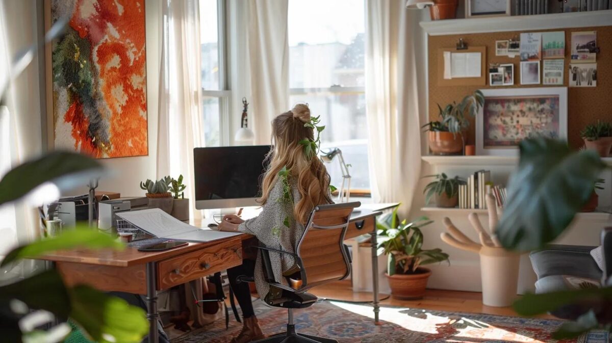 Boho vibes in a nuetral office with woman at her desk