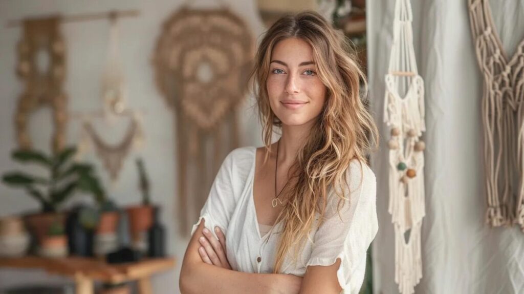 natural boho woman in a neutral office