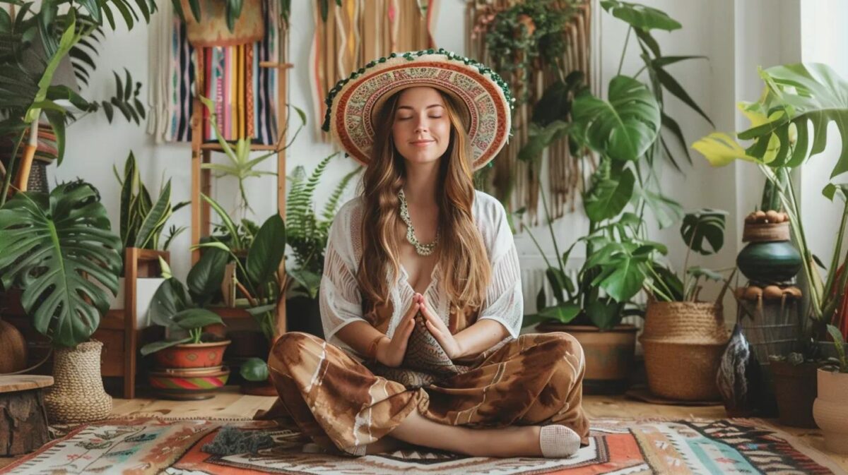 Hippie boho woman sitting on a meditation pillow in a boho room with plants