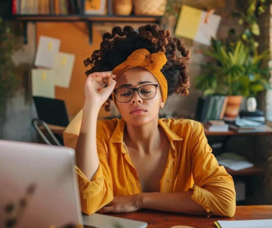 boho woman in a boho office who looks overworked